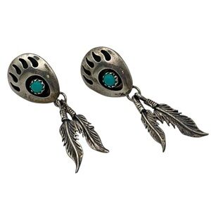 Navajo Sterling Silver Turquoise Bear Paw Claw Shadowbox Feather Dangle Earrings